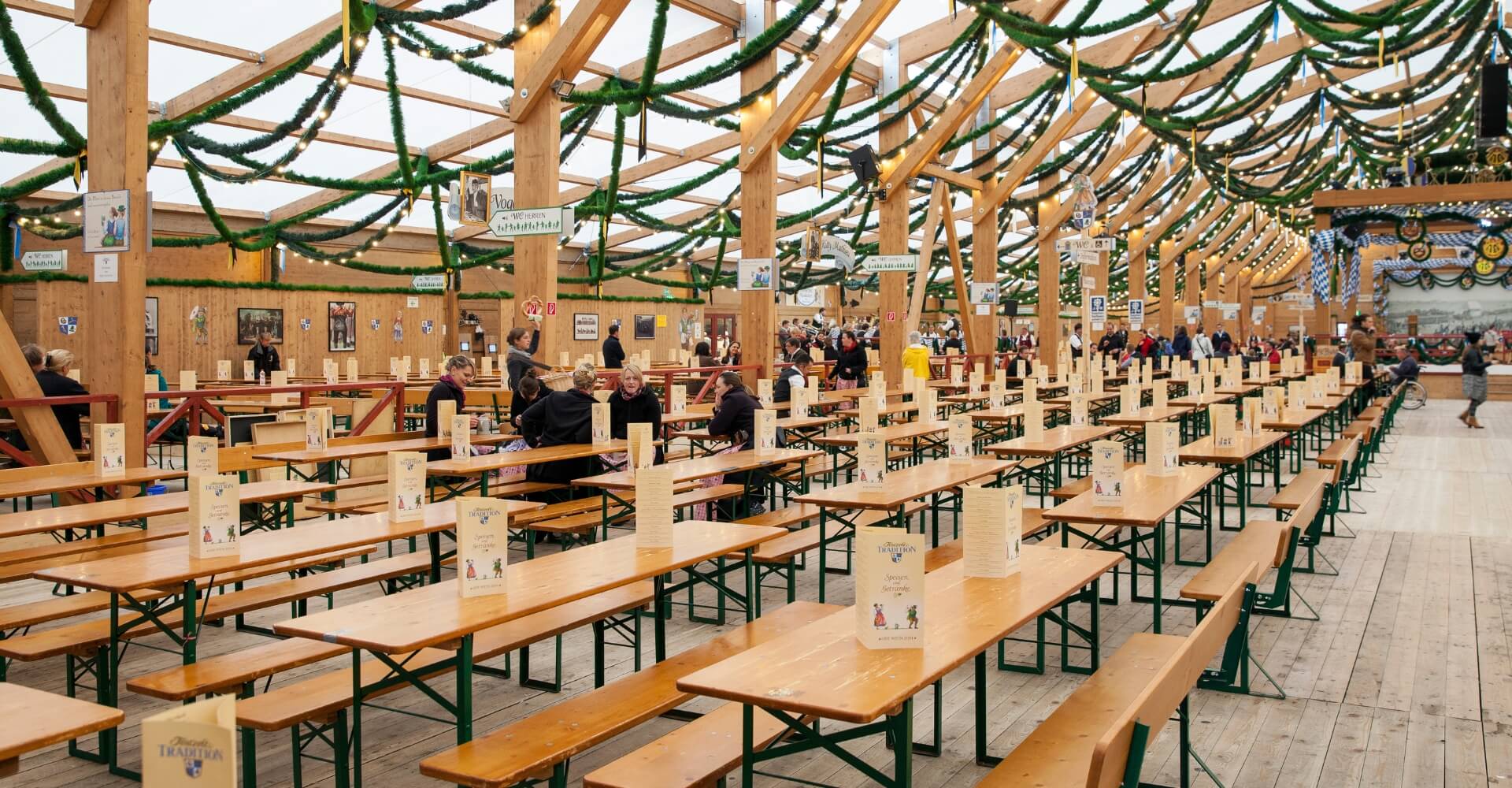 Wide beer garden table sets on the Oktoberfest